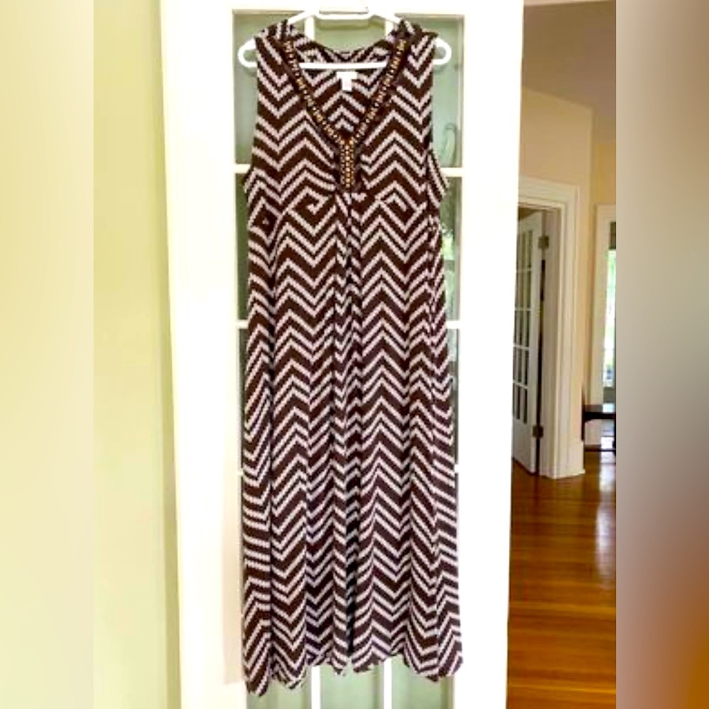 Chico’s Maxi Dress, Wood Beaded Neckline, Sz L/XL